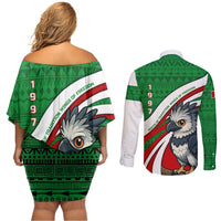 Indigenous Regions of Panama Ngabe-Bugle Couples Matching Off Shoulder Short Dress and Long Sleeve Button Shirt with Harpy Eagle Graphic and Green Red Tribal Pattern 1997 - Wonder Print Shop