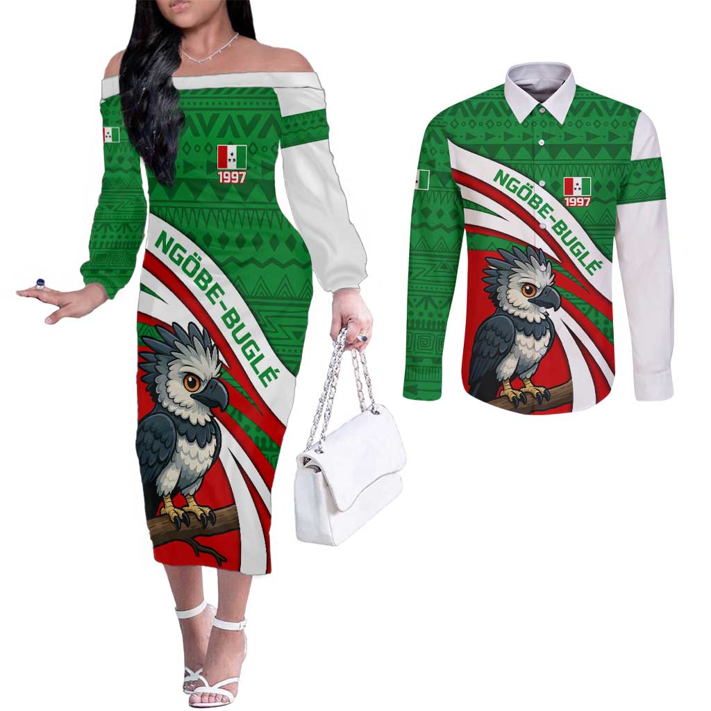 Indigenous Regions of Panama Ngabe-Bugle Couples Matching Off The Shoulder Long Sleeve Dress and Long Sleeve Button Shirt with Harpy Eagle Graphic and Green Red Tribal Pattern 1997 - Wonder Print Shop