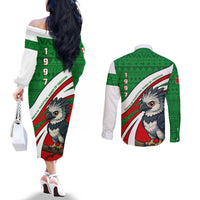 Indigenous Regions of Panama Ngabe-Bugle Couples Matching Off The Shoulder Long Sleeve Dress and Long Sleeve Button Shirt with Harpy Eagle Graphic and Green Red Tribal Pattern 1997 - Wonder Print Shop