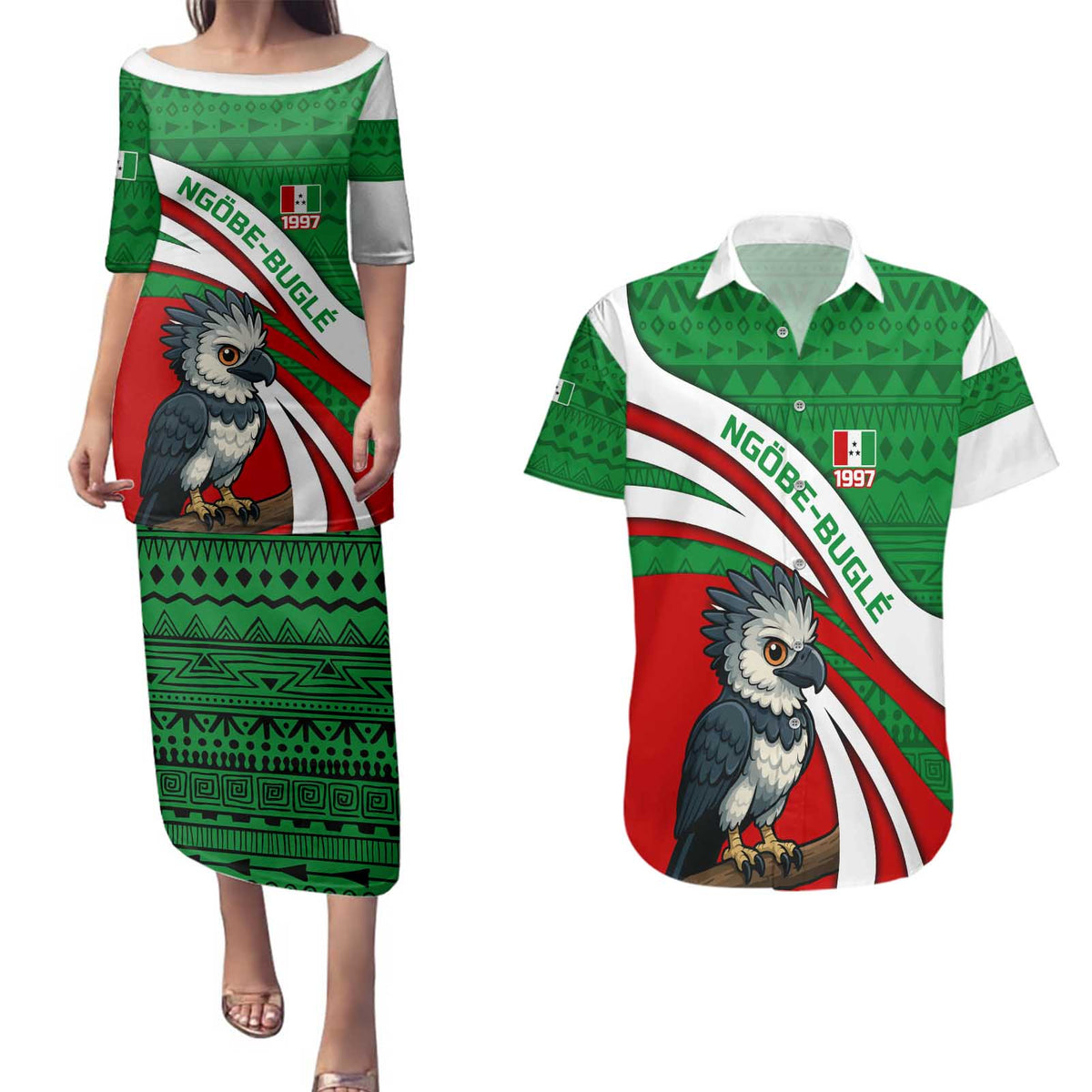 Indigenous Regions of Panama Ngabe-Bugle Couples Matching Puletasi and Hawaiian Shirt with Harpy Eagle Graphic and Green Red Tribal Pattern 1997 - Wonder Print Shop