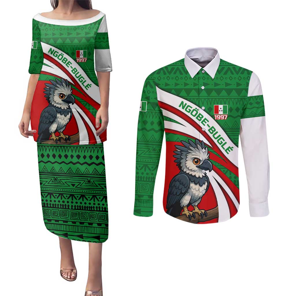 Indigenous Regions of Panama Ngabe-Bugle Couples Matching Puletasi and Long Sleeve Button Shirt with Harpy Eagle Graphic and Green Red Tribal Pattern 1997 - Wonder Print Shop