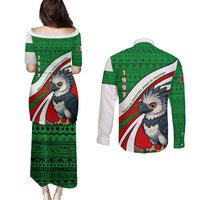 Indigenous Regions of Panama Ngabe-Bugle Couples Matching Puletasi and Long Sleeve Button Shirt with Harpy Eagle Graphic and Green Red Tribal Pattern 1997 - Wonder Print Shop