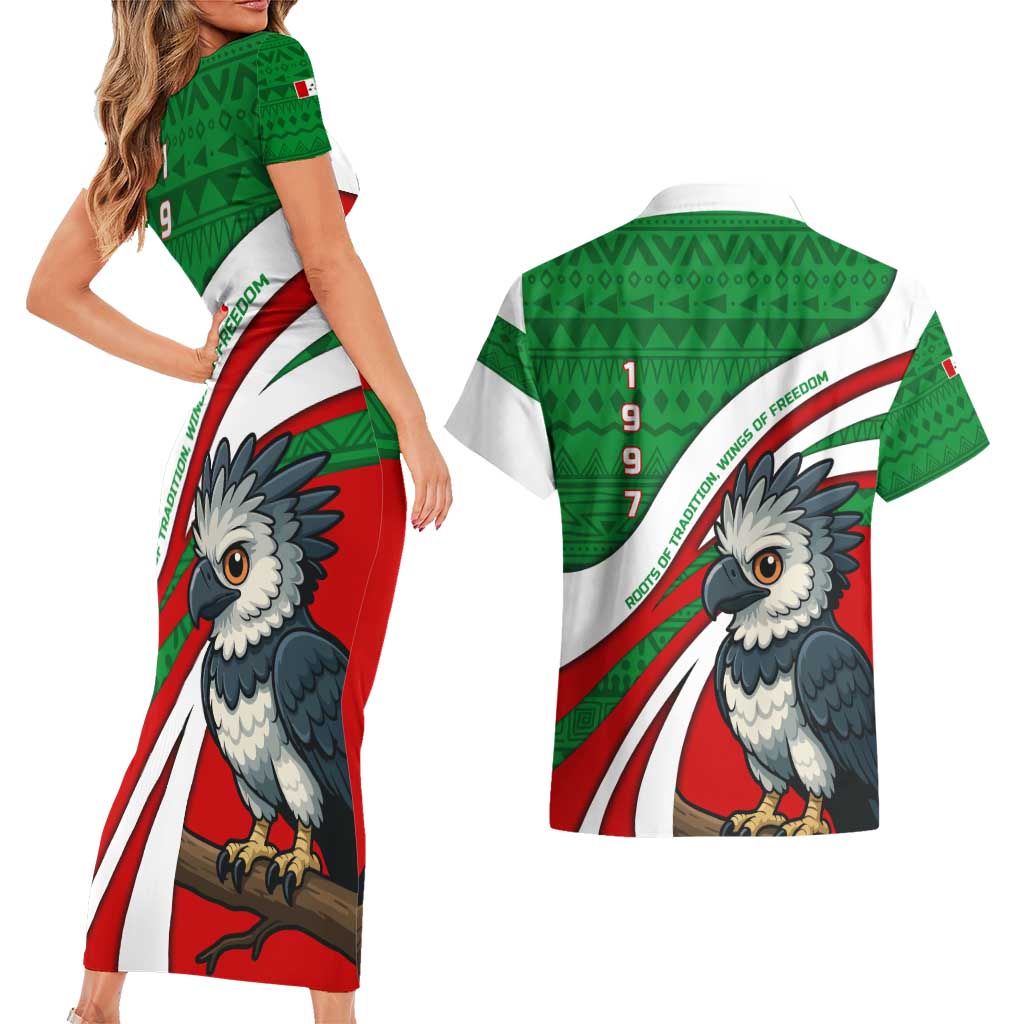 Indigenous Regions of Panama Ngabe-Bugle Couples Matching Short Sleeve Bodycon Dress and Hawaiian Shirt with Harpy Eagle Graphic and Green Red Tribal Pattern 1997 - Wonder Print Shop