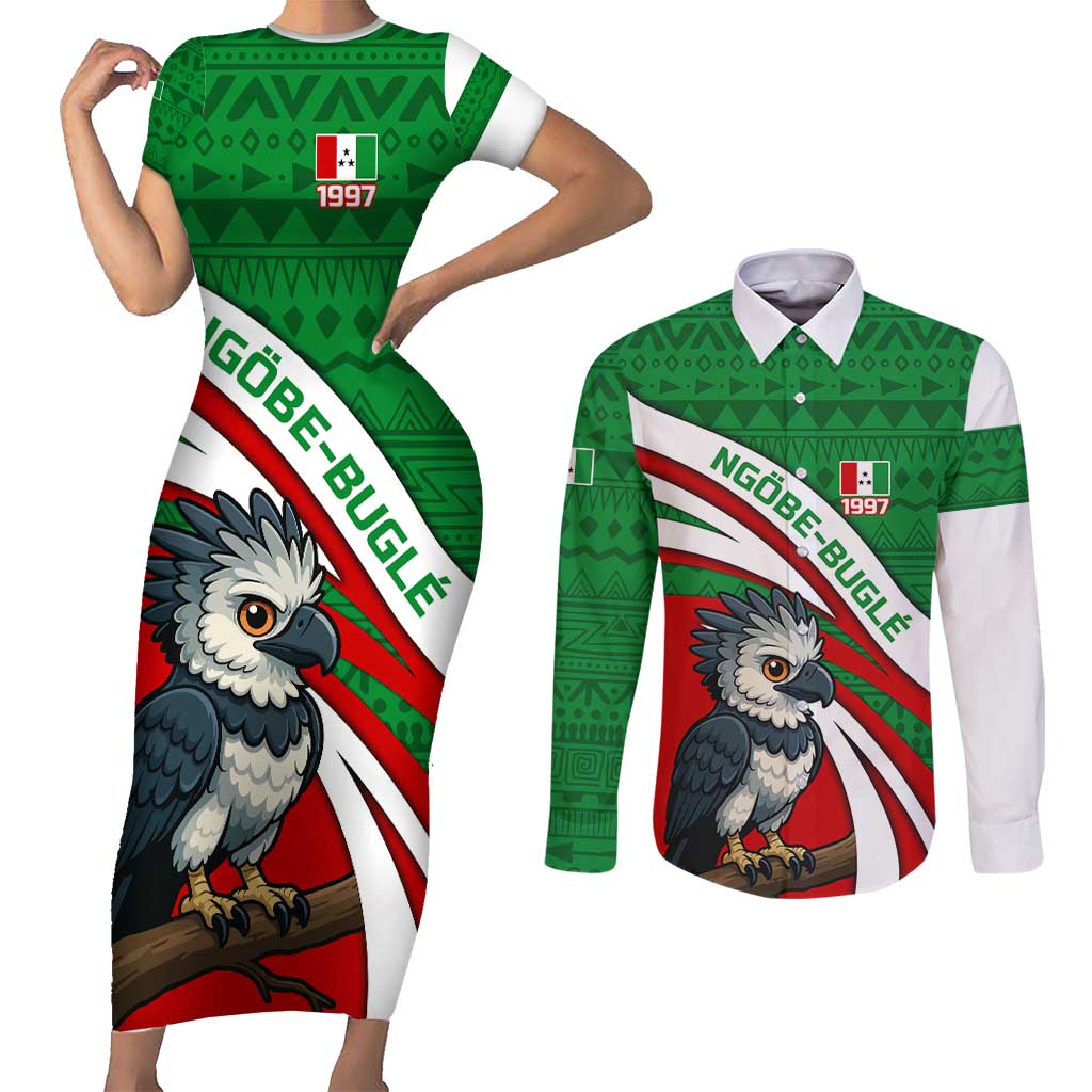 Indigenous Regions of Panama Ngabe-Bugle Couples Matching Short Sleeve Bodycon Dress and Long Sleeve Button Shirt with Harpy Eagle Graphic and Green Red Tribal Pattern 1997 - Wonder Print Shop