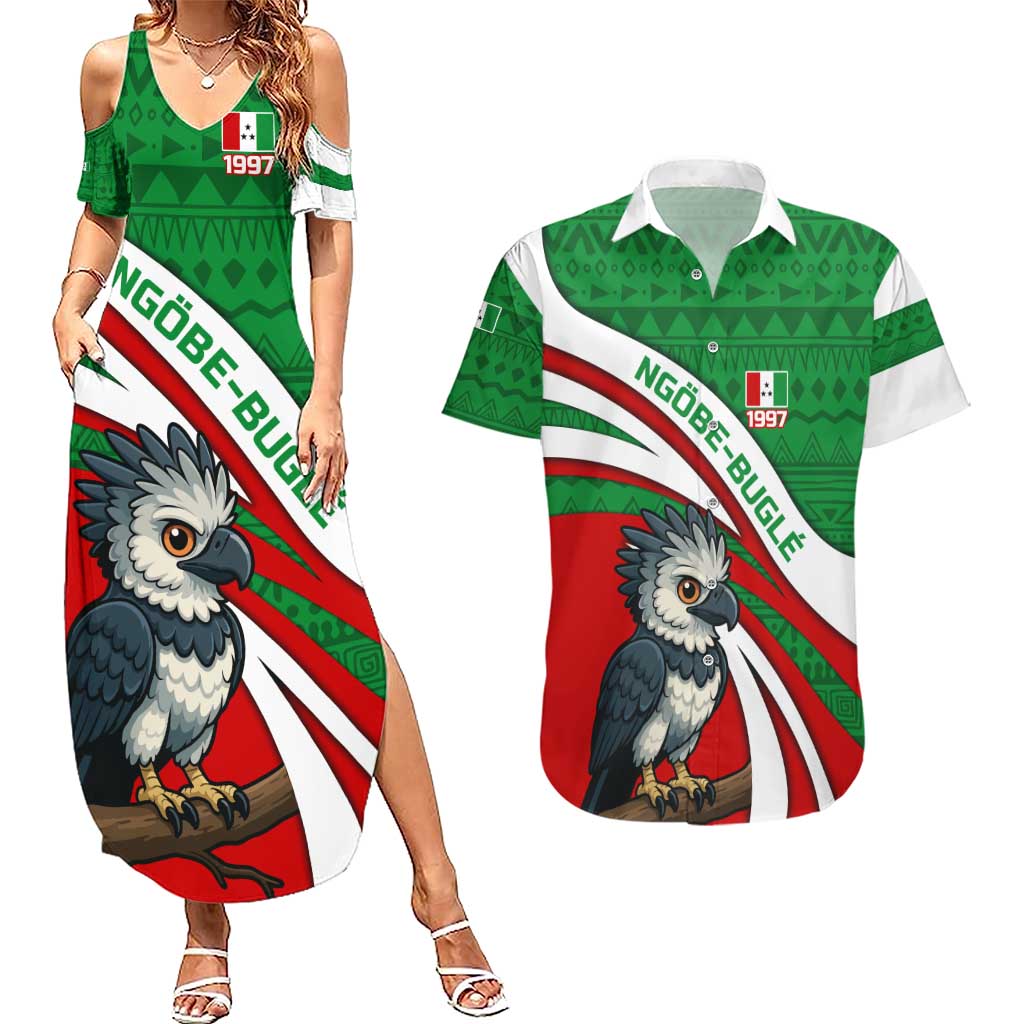 Indigenous Regions of Panama Ngabe-Bugle Couples Matching Summer Maxi Dress and Hawaiian Shirt with Harpy Eagle Graphic and Green Red Tribal Pattern 1997 - Wonder Print Shop