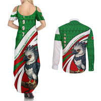 Indigenous Regions of Panama Ngabe-Bugle Couples Matching Summer Maxi Dress and Long Sleeve Button Shirt with Harpy Eagle Graphic and Green Red Tribal Pattern 1997 - Wonder Print Shop