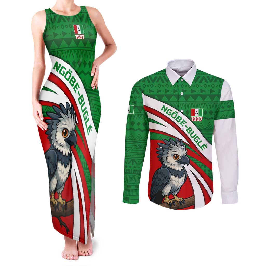 Indigenous Regions of Panama Ngabe-Bugle Couples Matching Tank Maxi Dress and Long Sleeve Button Shirt with Harpy Eagle Graphic and Green Red Tribal Pattern 1997 - Wonder Print Shop