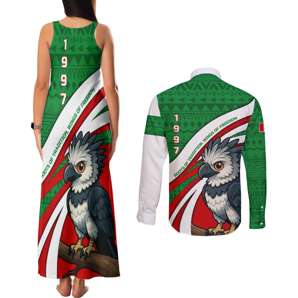 Indigenous Regions of Panama Ngabe-Bugle Couples Matching Tank Maxi Dress and Long Sleeve Button Shirt with Harpy Eagle Graphic and Green Red Tribal Pattern 1997 - Wonder Print Shop