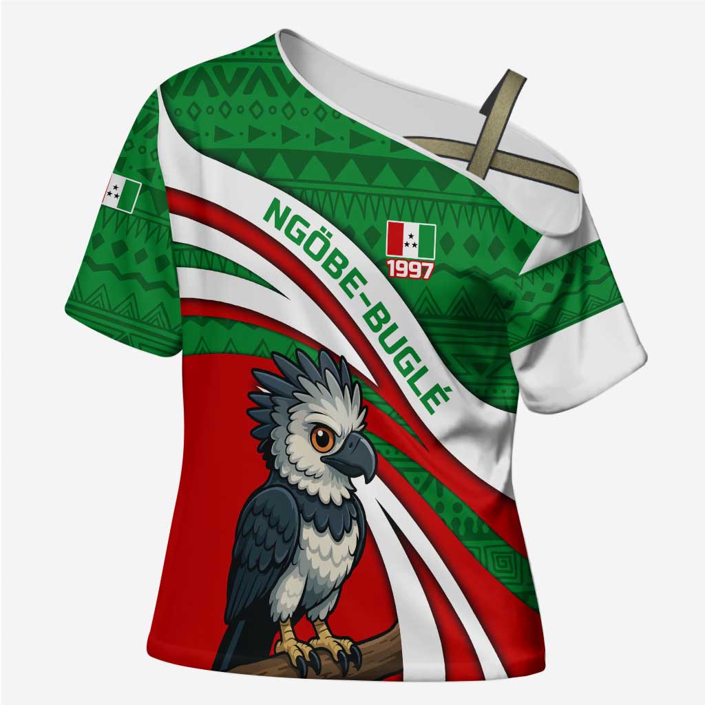 Indigenous Regions of Panama Ngabe-Bugle Cross Shoulder Shirt with Harpy Eagle Graphic and Green Red Tribal Pattern 1997 - Wonder Print Shop