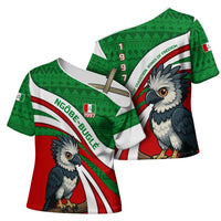Indigenous Regions of Panama Ngabe-Bugle Cross Shoulder Shirt with Harpy Eagle Graphic and Green Red Tribal Pattern 1997 - Wonder Print Shop