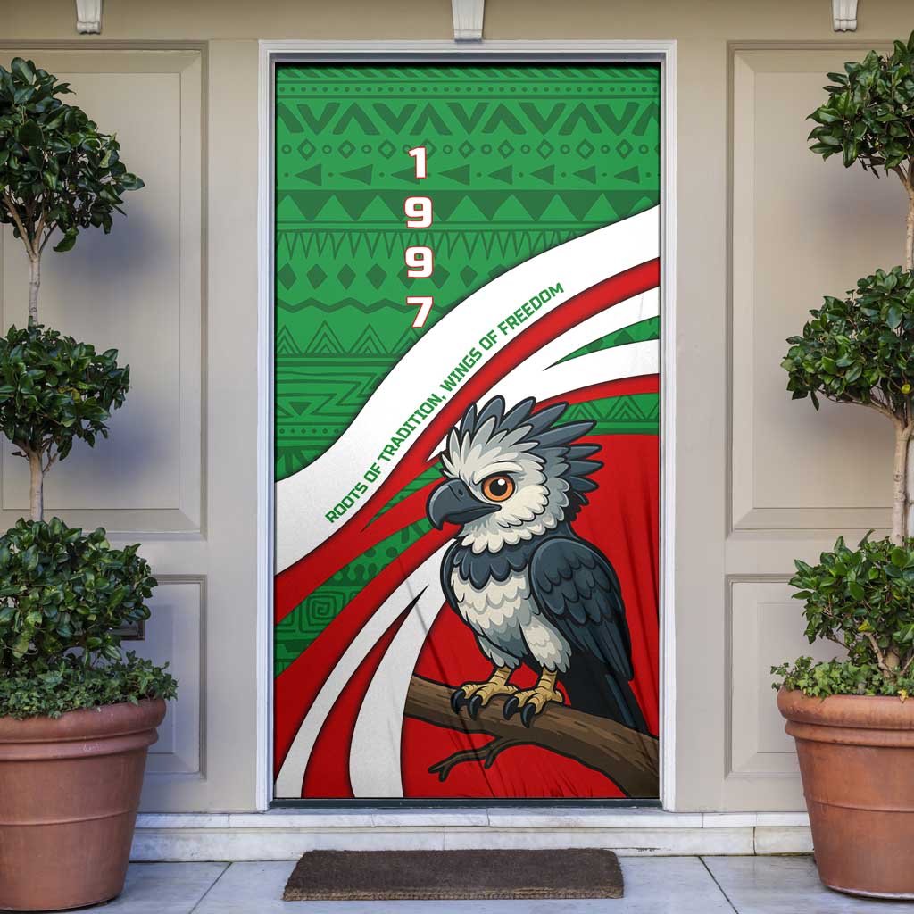 Indigenous Regions of Panama Ngabe-Bugle Door Cover with Harpy Eagle Graphic and Green Red Tribal Pattern 1997 - Wonder Print Shop