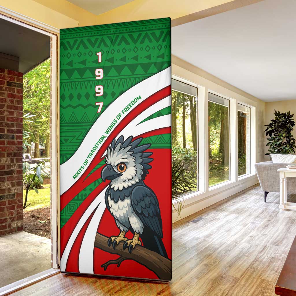 Indigenous Regions of Panama Ngabe-Bugle Door Cover with Harpy Eagle Graphic and Green Red Tribal Pattern 1997 - Wonder Print Shop
