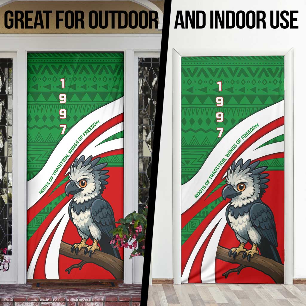 Indigenous Regions of Panama Ngabe-Bugle Door Cover with Harpy Eagle Graphic and Green Red Tribal Pattern 1997 - Wonder Print Shop