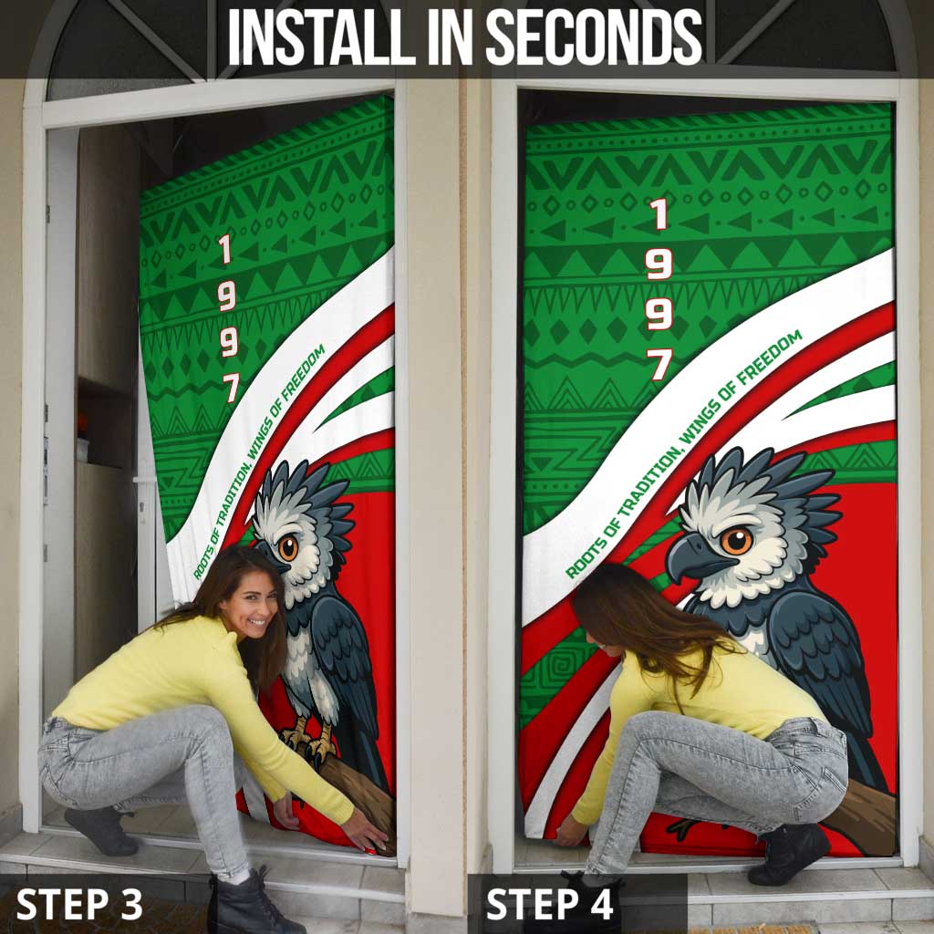 Indigenous Regions of Panama Ngabe-Bugle Door Cover with Harpy Eagle Graphic and Green Red Tribal Pattern 1997 - Wonder Print Shop