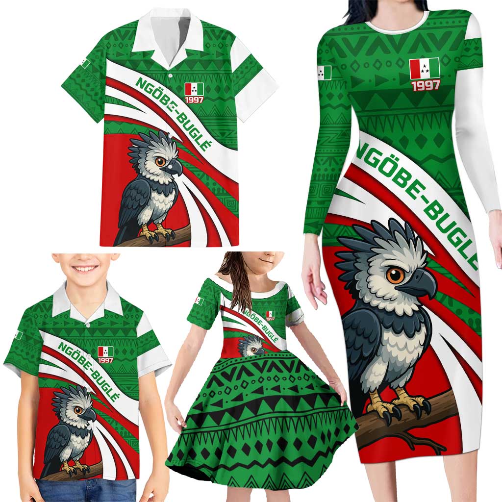 Indigenous Regions of Panama Ngabe-Bugle Family Matching Long Sleeve Bodycon Dress and Hawaiian Shirt with Harpy Eagle Graphic and Green Red Tribal Pattern 1997 - Wonder Print Shop