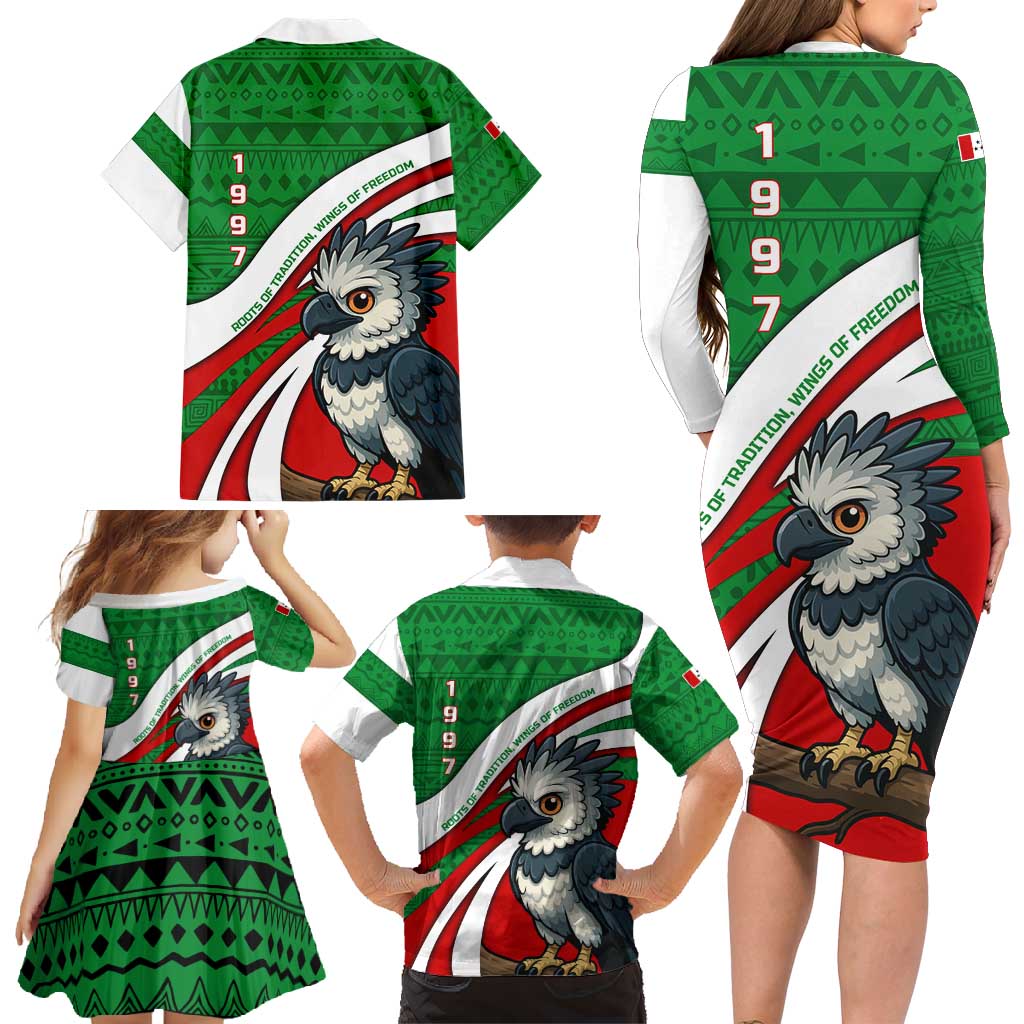 Indigenous Regions of Panama Ngabe-Bugle Family Matching Long Sleeve Bodycon Dress and Hawaiian Shirt with Harpy Eagle Graphic and Green Red Tribal Pattern 1997 - Wonder Print Shop