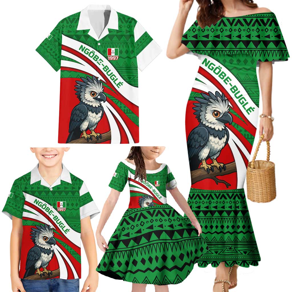 Indigenous Regions of Panama Ngabe-Bugle Family Matching Mermaid Dress and Hawaiian Shirt with Harpy Eagle Graphic and Green Red Tribal Pattern 1997 - Wonder Print Shop