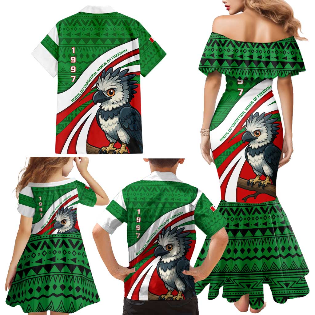 Indigenous Regions of Panama Ngabe-Bugle Family Matching Mermaid Dress and Hawaiian Shirt with Harpy Eagle Graphic and Green Red Tribal Pattern 1997 - Wonder Print Shop