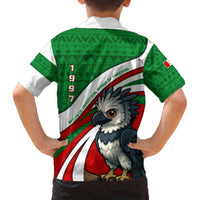 Indigenous Regions of Panama Ngabe-Bugle Family Matching Off The Shoulder Long Sleeve Dress and Hawaiian Shirt with Harpy Eagle Graphic and Green Red Tribal Pattern 1997 - Wonder Print Shop