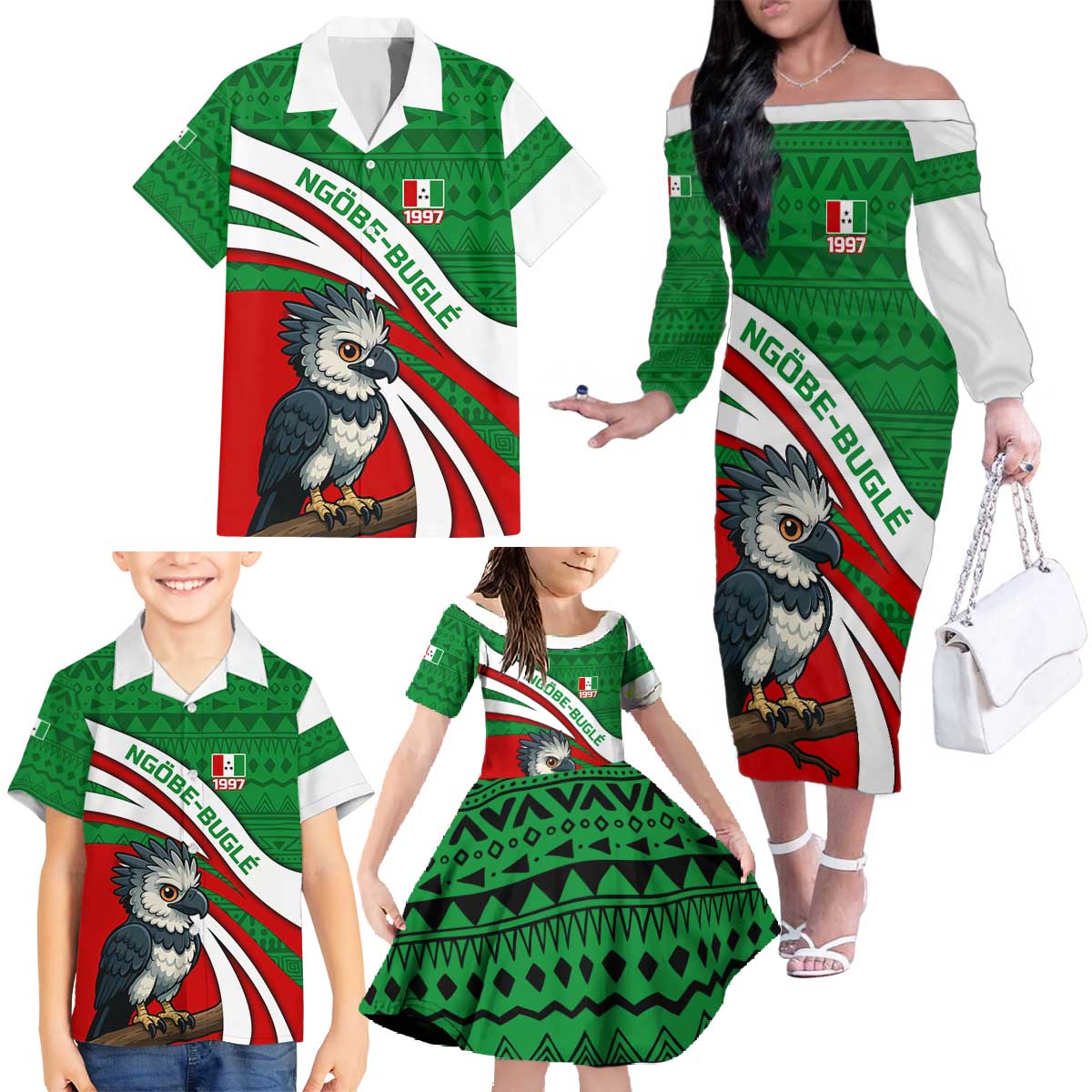 Indigenous Regions of Panama Ngabe-Bugle Family Matching Off The Shoulder Long Sleeve Dress and Hawaiian Shirt with Harpy Eagle Graphic and Green Red Tribal Pattern 1997 - Wonder Print Shop