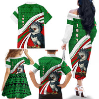 Indigenous Regions of Panama Ngabe-Bugle Family Matching Off The Shoulder Long Sleeve Dress and Hawaiian Shirt with Harpy Eagle Graphic and Green Red Tribal Pattern 1997 - Wonder Print Shop
