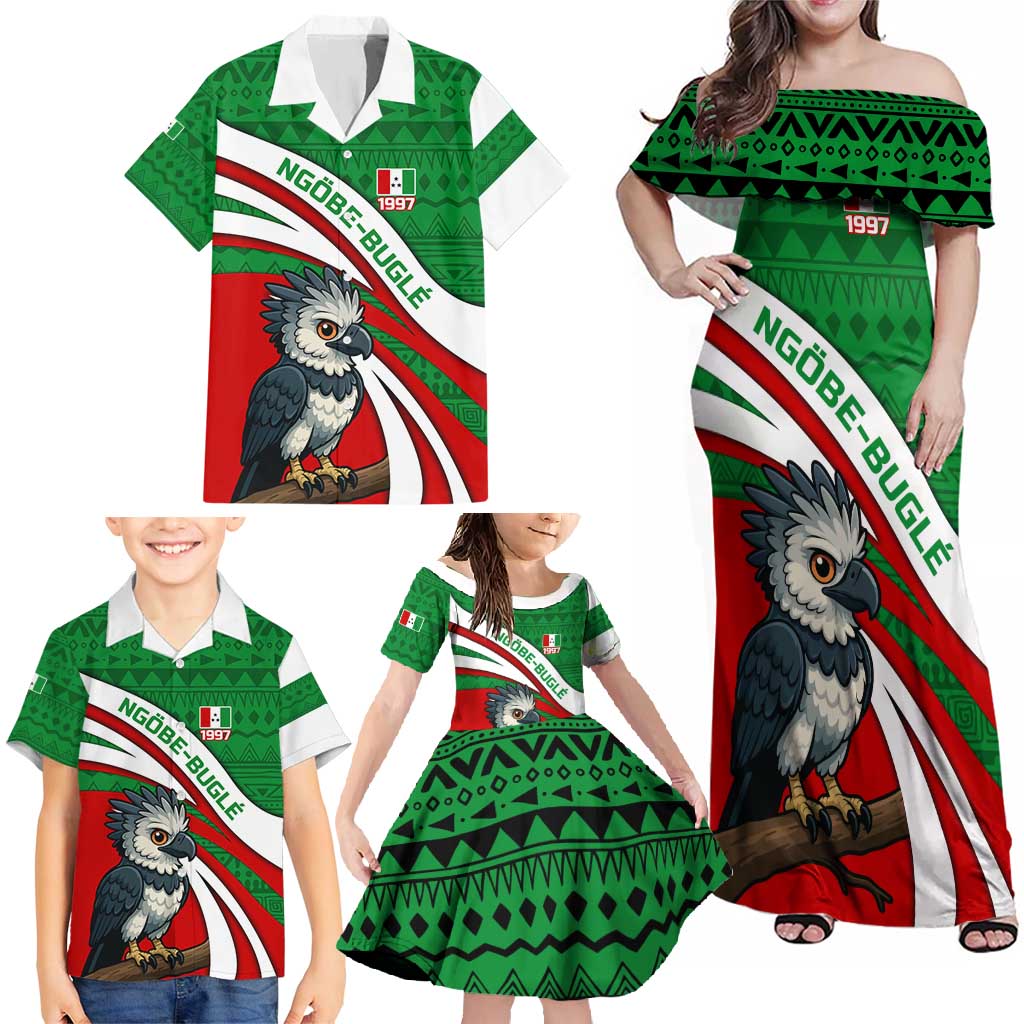 Indigenous Regions of Panama Ngabe-Bugle Family Matching Off Shoulder Maxi Dress and Hawaiian Shirt with Harpy Eagle Graphic and Green Red Tribal Pattern 1997 - Wonder Print Shop