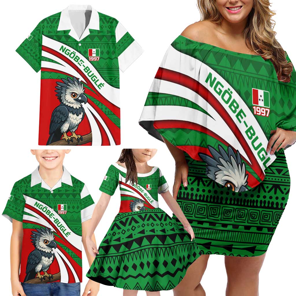 Indigenous Regions of Panama Ngabe-Bugle Family Matching Off Shoulder Short Dress and Hawaiian Shirt with Harpy Eagle Graphic and Green Red Tribal Pattern 1997 - Wonder Print Shop