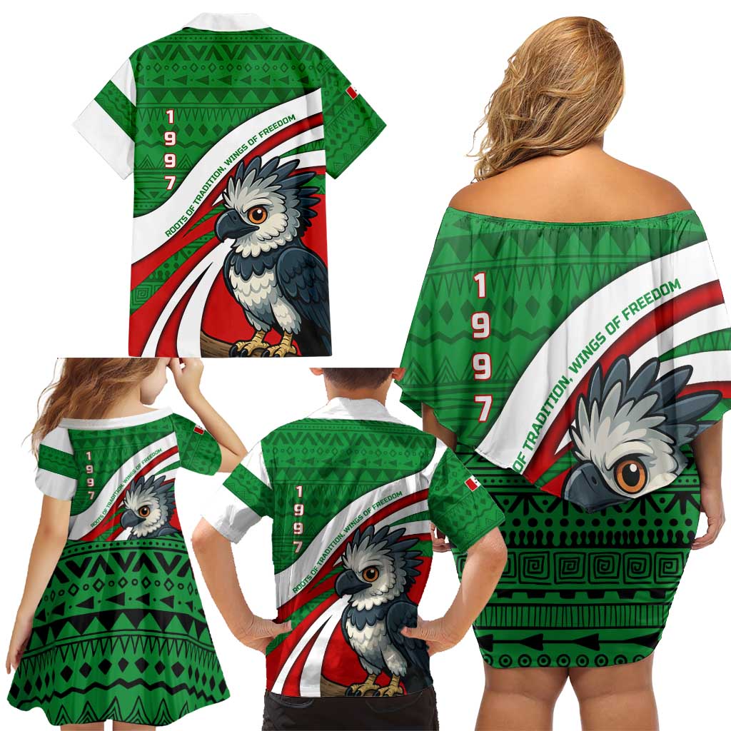 Indigenous Regions of Panama Ngabe-Bugle Family Matching Off Shoulder Short Dress and Hawaiian Shirt with Harpy Eagle Graphic and Green Red Tribal Pattern 1997 - Wonder Print Shop