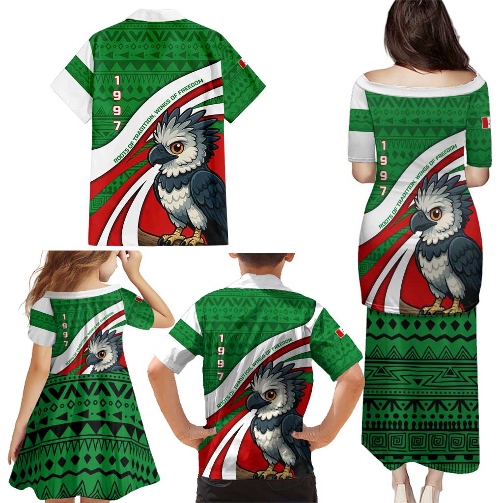 Indigenous Regions of Panama Ngabe-Bugle Family Matching Puletasi and Hawaiian Shirt with Harpy Eagle Graphic and Green Red Tribal Pattern 1997 - Wonder Print Shop