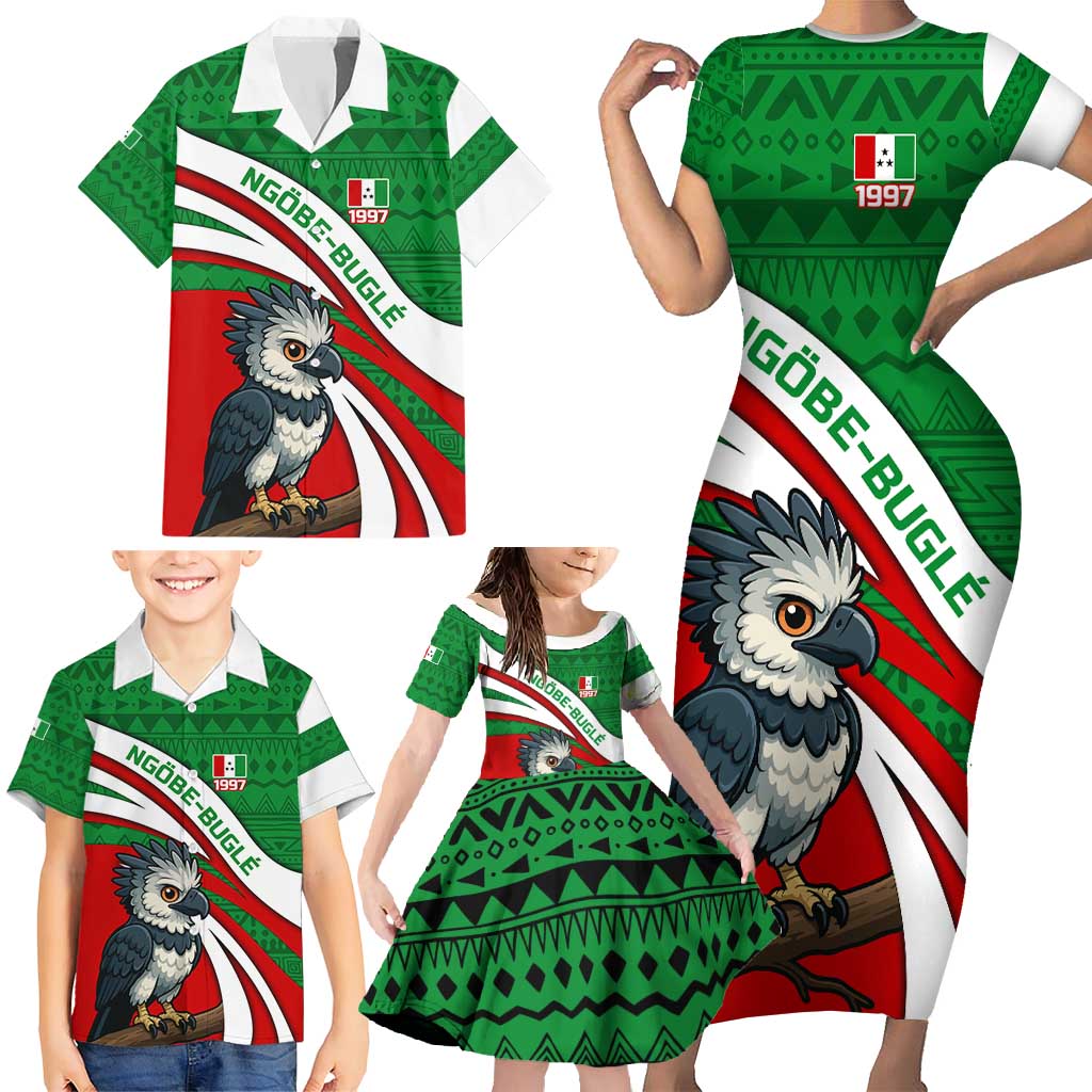 Indigenous Regions of Panama Ngabe-Bugle Family Matching Short Sleeve Bodycon Dress and Hawaiian Shirt with Harpy Eagle Graphic and Green Red Tribal Pattern 1997 - Wonder Print Shop