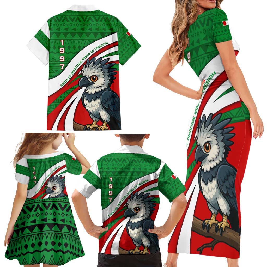Indigenous Regions of Panama Ngabe-Bugle Family Matching Short Sleeve Bodycon Dress and Hawaiian Shirt with Harpy Eagle Graphic and Green Red Tribal Pattern 1997 - Wonder Print Shop