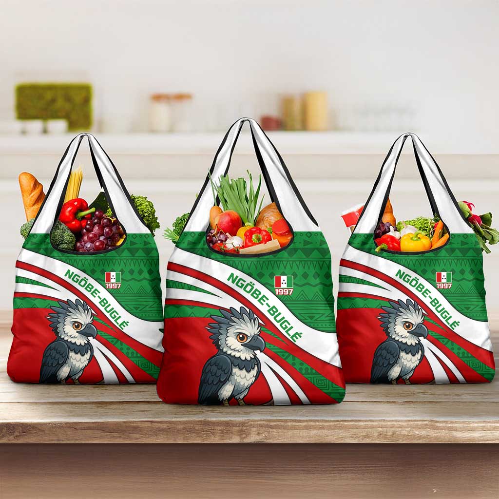 Indigenous Regions of Panama Ngabe-Bugle Grocery Bag with Harpy Eagle Graphic and Green Red Tribal Pattern 1997 - Wonder Print Shop