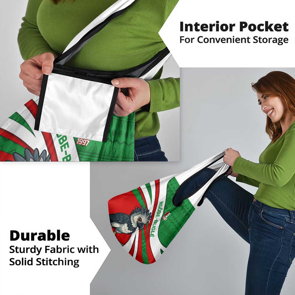 Indigenous Regions of Panama Ngabe-Bugle Grocery Bag with Harpy Eagle Graphic and Green Red Tribal Pattern 1997 - Wonder Print Shop