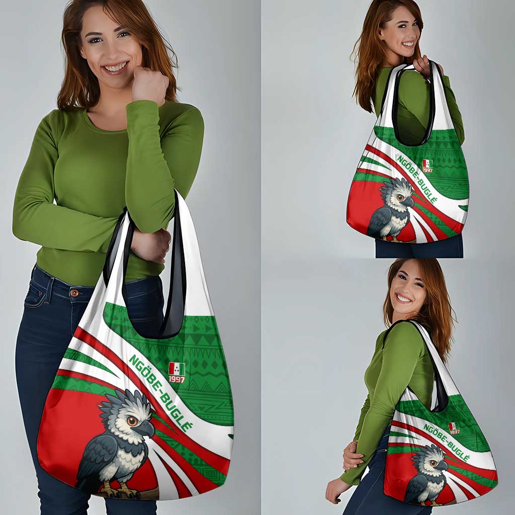 Indigenous Regions of Panama Ngabe-Bugle Grocery Bag with Harpy Eagle Graphic and Green Red Tribal Pattern 1997 - Wonder Print Shop