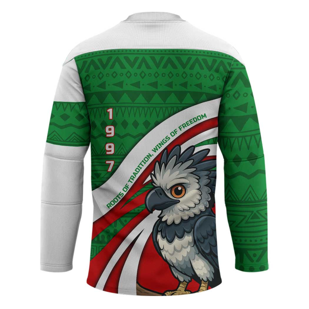 Indigenous Regions of Panama Ngabe-Bugle Hockey Jersey with Harpy Eagle Graphic and Green Red Tribal Pattern 1997 - Wonder Print Shop
