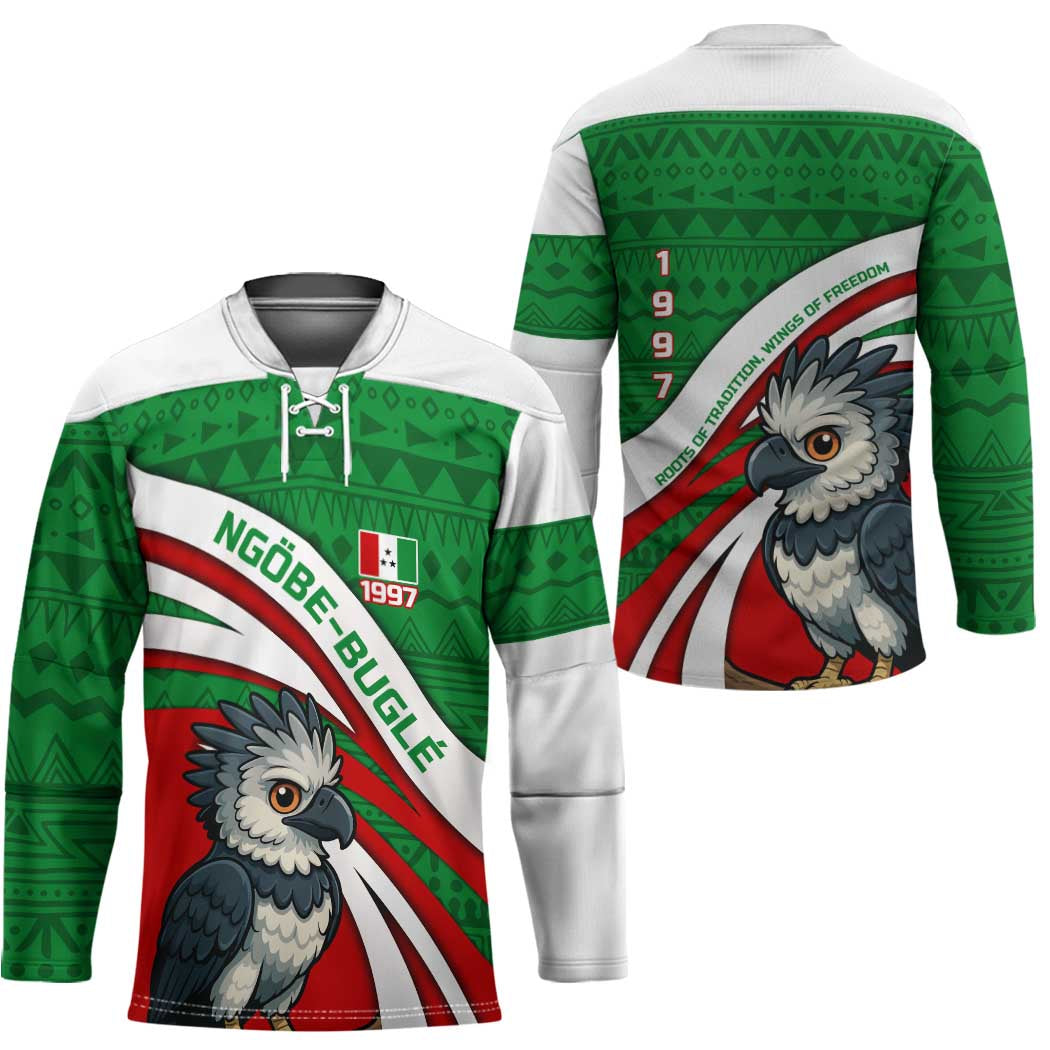Indigenous Regions of Panama Ngabe-Bugle Hockey Jersey with Harpy Eagle Graphic and Green Red Tribal Pattern 1997 - Wonder Print Shop