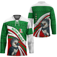 Indigenous Regions of Panama Ngabe-Bugle Hockey Jersey with Harpy Eagle Graphic and Green Red Tribal Pattern 1997 - Wonder Print Shop
