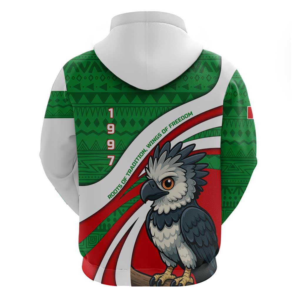 Indigenous Regions of Panama Ngabe-Bugle Hoodie with Harpy Eagle Graphic and Green Red Tribal Pattern 1997 - Wonder Print Shop