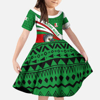 Indigenous Regions of Panama Ngabe-Bugle Kid Short Sleeve Dress with Harpy Eagle Graphic and Green Red Tribal Pattern 1997 - Wonder Print Shop