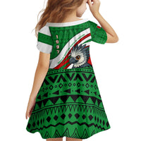 Indigenous Regions of Panama Ngabe-Bugle Kid Short Sleeve Dress with Harpy Eagle Graphic and Green Red Tribal Pattern 1997 - Wonder Print Shop