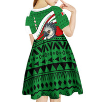 Indigenous Regions of Panama Ngabe-Bugle Kid Short Sleeve Dress with Harpy Eagle Graphic and Green Red Tribal Pattern 1997 - Wonder Print Shop