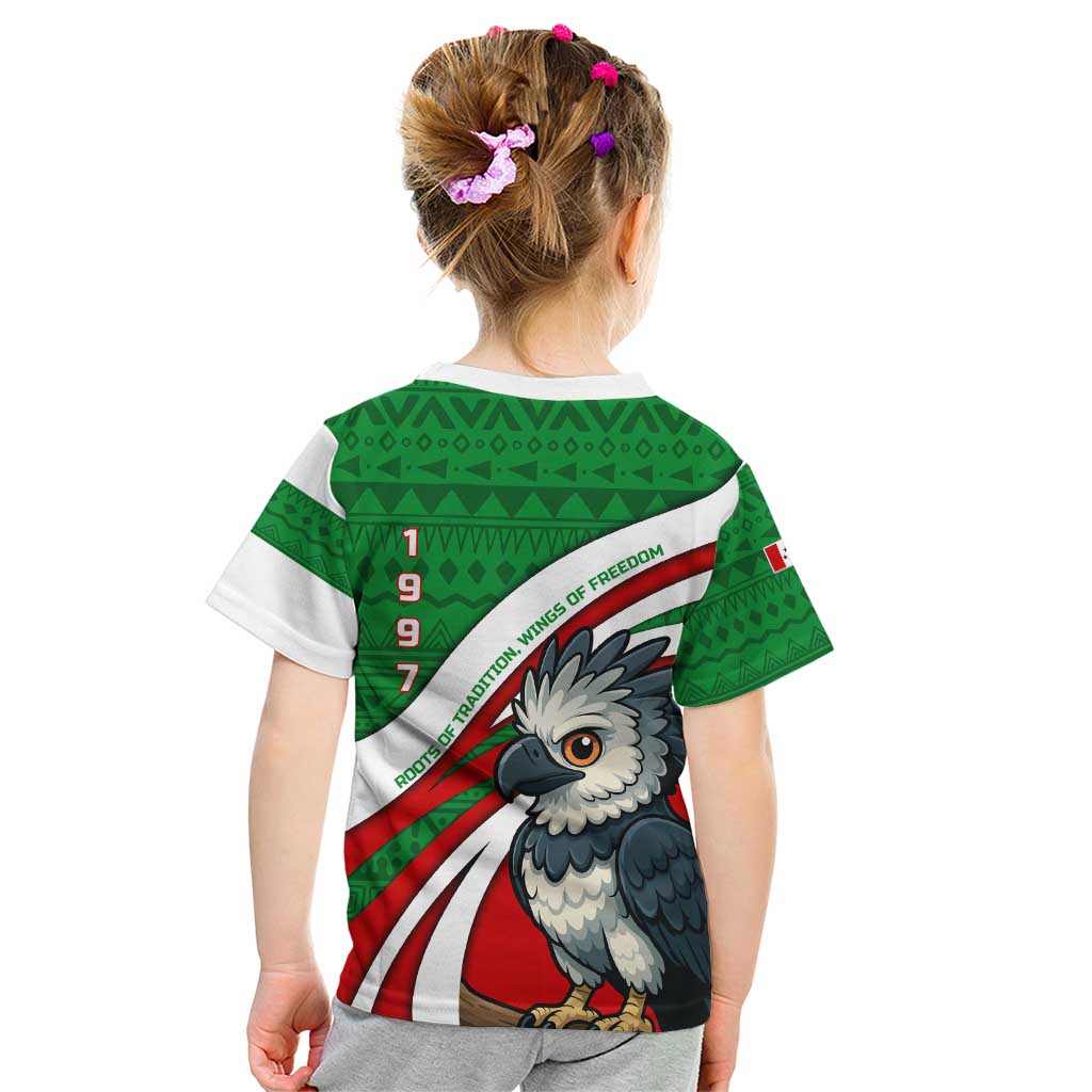 Indigenous Regions of Panama Ngabe-Bugle Kid T Shirt with Harpy Eagle Graphic and Green Red Tribal Pattern 1997 - Wonder Print Shop