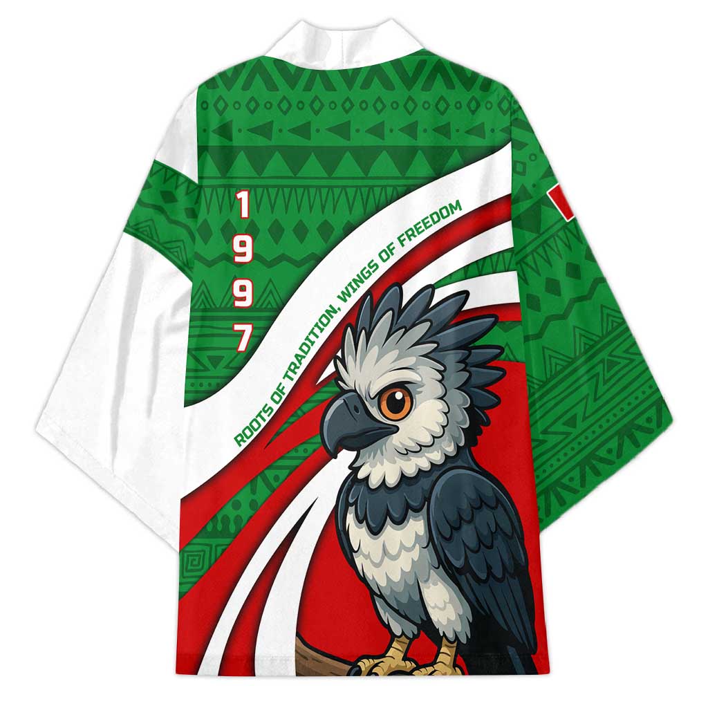 Indigenous Regions of Panama Ngabe-Bugle Kimono with Harpy Eagle Graphic and Green Red Tribal Pattern 1997 - Wonder Print Shop