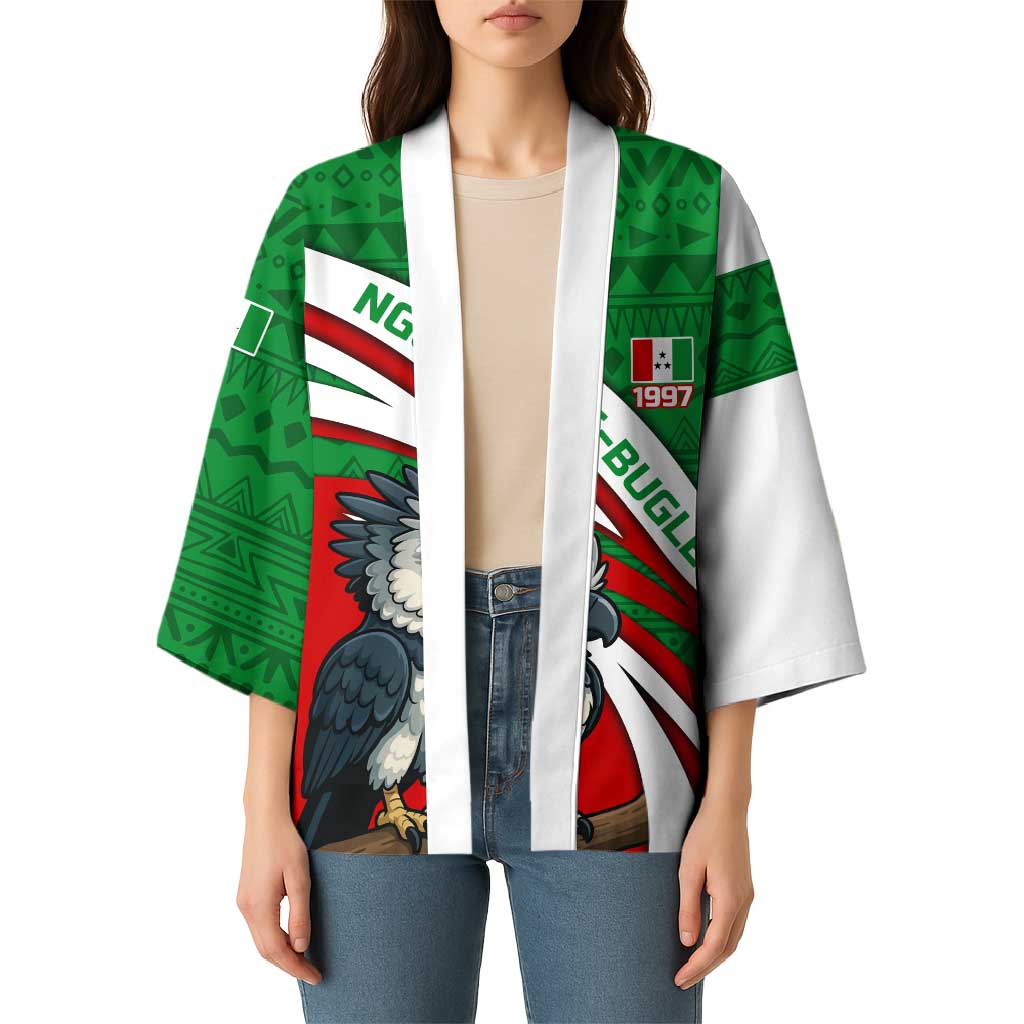 Indigenous Regions of Panama Ngabe-Bugle Kimono with Harpy Eagle Graphic and Green Red Tribal Pattern 1997 - Wonder Print Shop