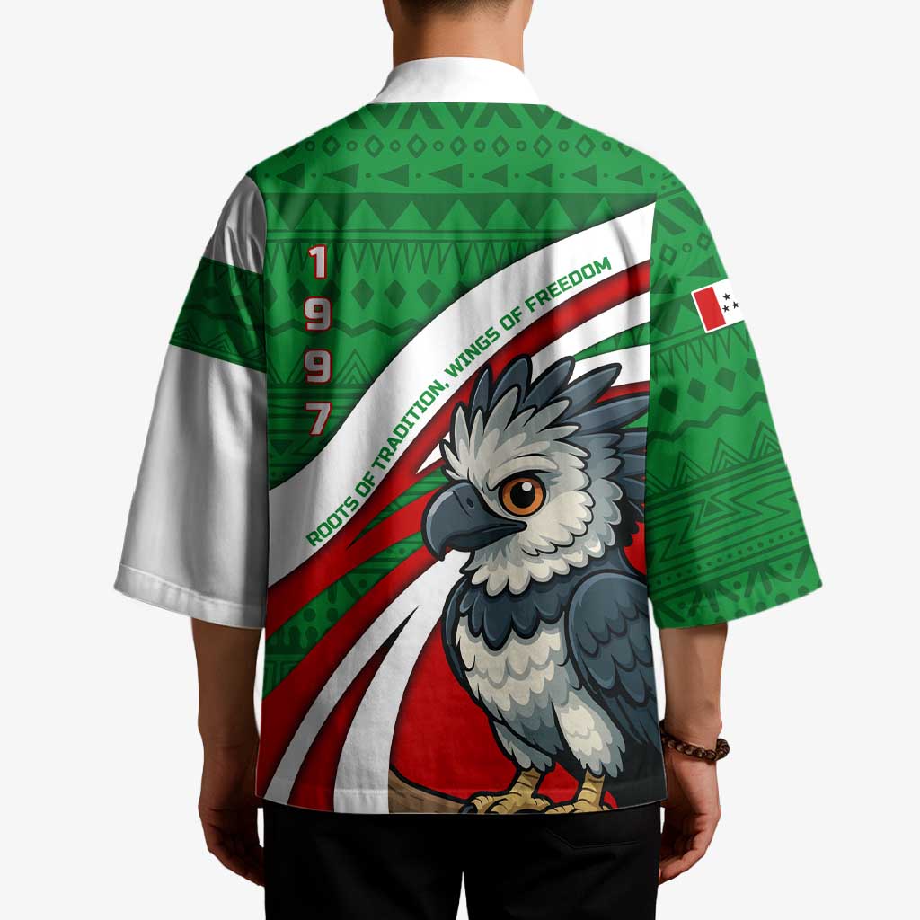 Indigenous Regions of Panama Ngabe-Bugle Kimono with Harpy Eagle Graphic and Green Red Tribal Pattern 1997 - Wonder Print Shop