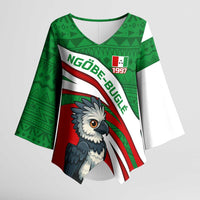 Indigenous Regions of Panama Ngabe-Bugle Kimono Sleeve Blouse with Harpy Eagle Graphic and Green Red Tribal Pattern 1997 - Wonder Print Shop