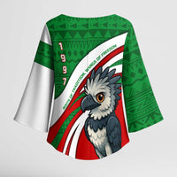 Indigenous Regions of Panama Ngabe-Bugle Kimono Sleeve Blouse with Harpy Eagle Graphic and Green Red Tribal Pattern 1997 - Wonder Print Shop