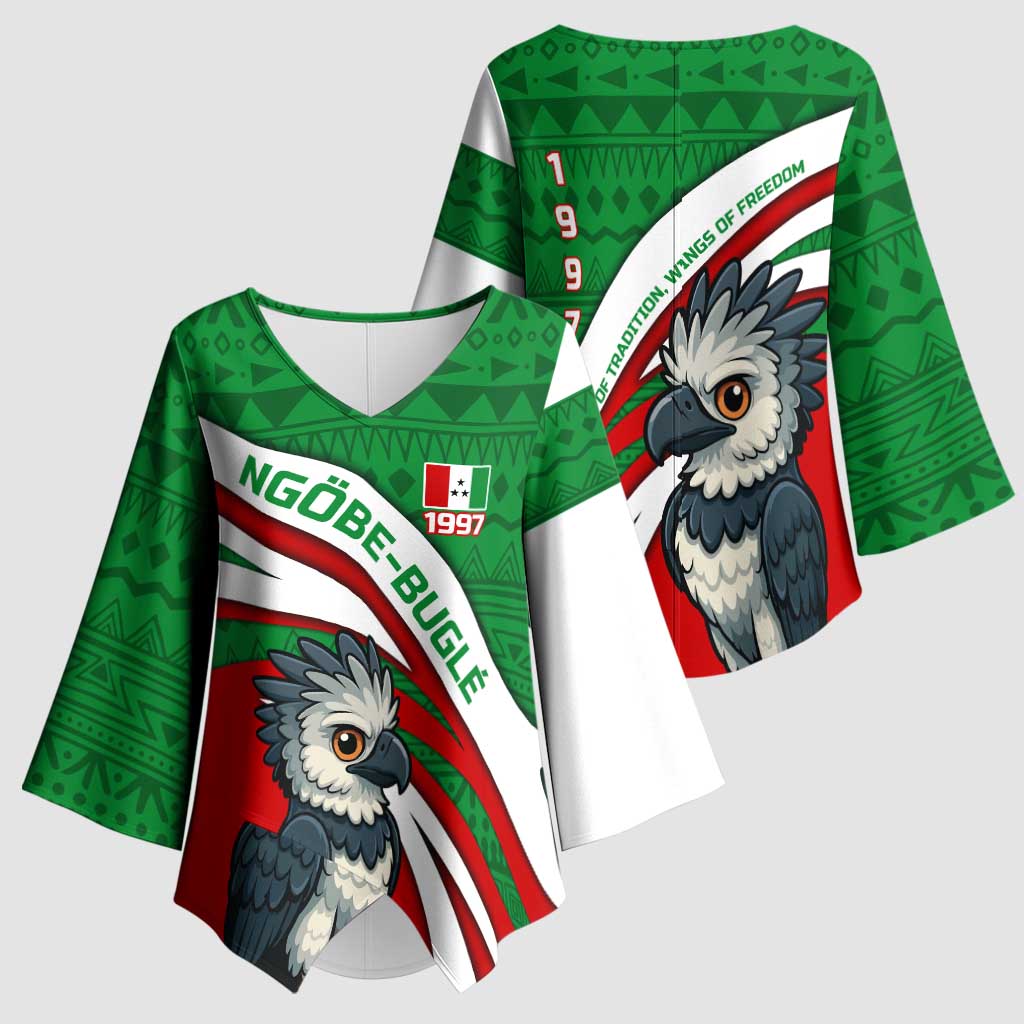 Indigenous Regions of Panama Ngabe-Bugle Kimono Sleeve Blouse with Harpy Eagle Graphic and Green Red Tribal Pattern 1997 - Wonder Print Shop