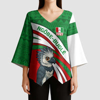 Indigenous Regions of Panama Ngabe-Bugle Kimono Sleeve Blouse with Harpy Eagle Graphic and Green Red Tribal Pattern 1997 - Wonder Print Shop