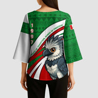 Indigenous Regions of Panama Ngabe-Bugle Kimono Sleeve Blouse with Harpy Eagle Graphic and Green Red Tribal Pattern 1997 - Wonder Print Shop